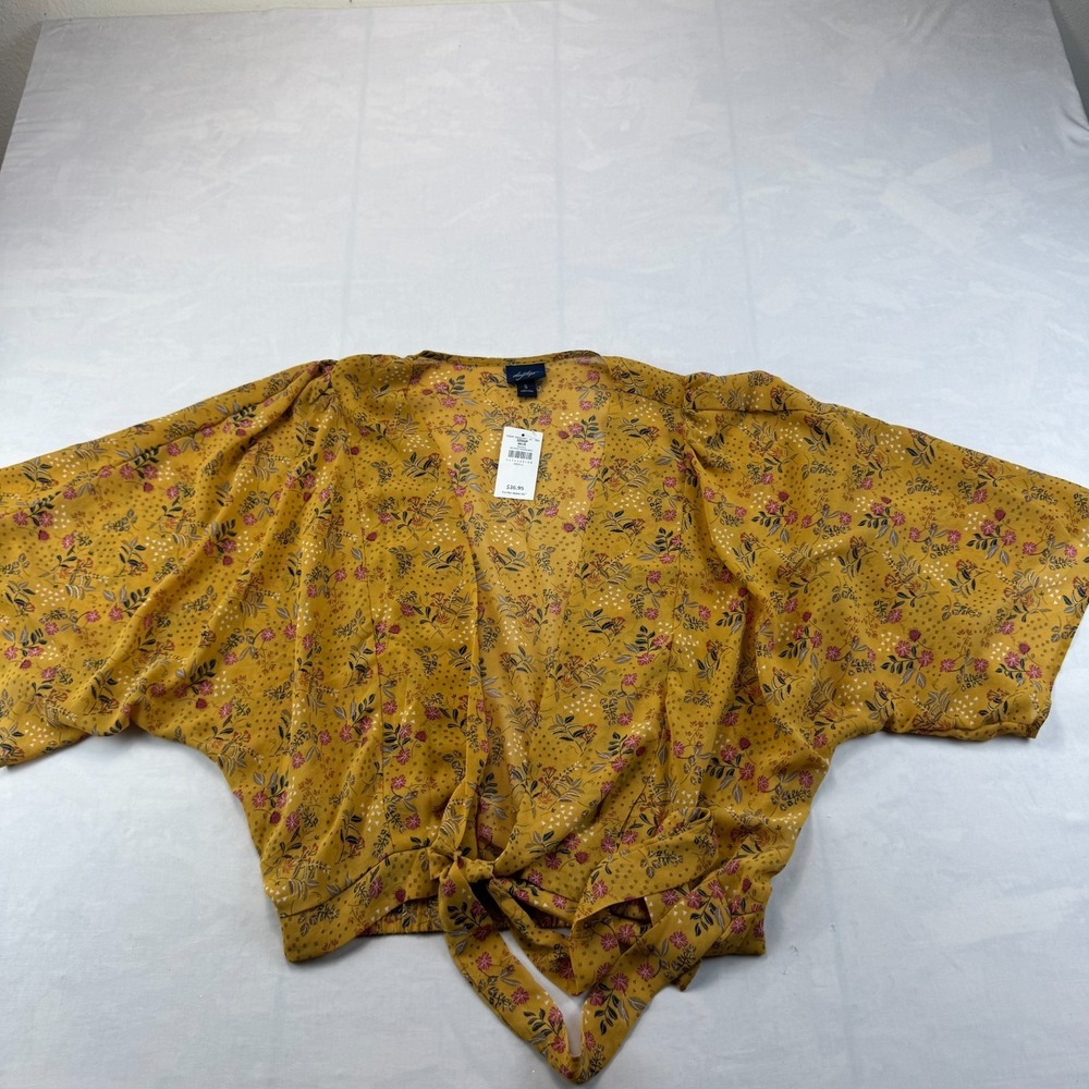 NWT Daytrip Top Women S Mustard Floral Lightweight Chiffon Wrap Front Tie Detail